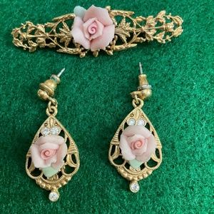 Vintage 1928 Rose pin and earring set